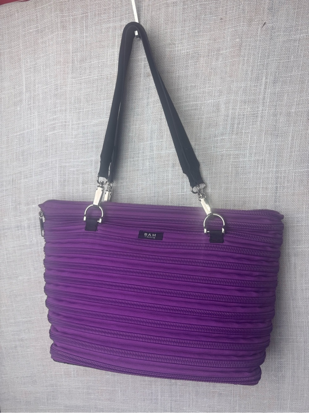 BAM bags Purple Quilted Zipper Tote with Black Straps